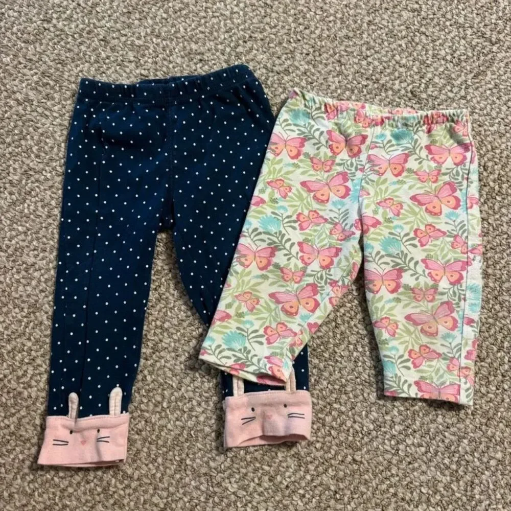 Lot of 2 Carter's Baby Girl Leggings Polka Dot Bunny Cuff Butterfly 12 Months